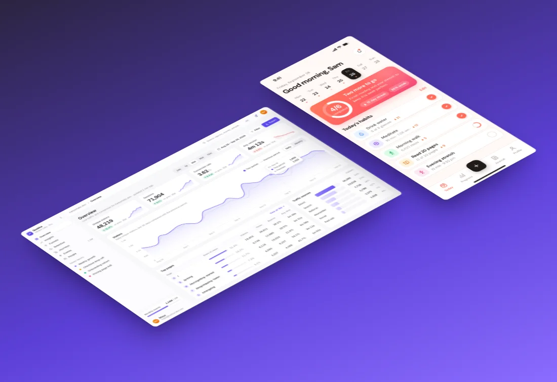 A dashboard and a phone screenshot side by side on a purple background