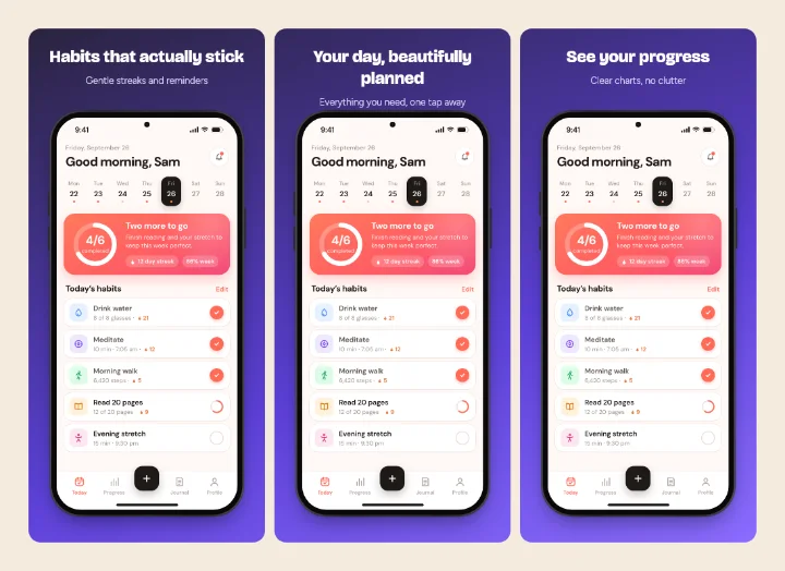Three iPhone App Store slides on a purple background with white headlines