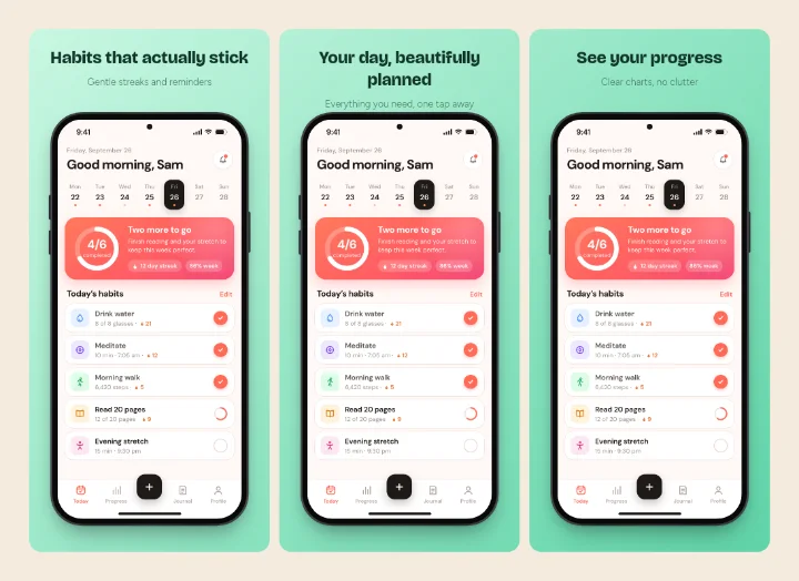 Three iPhone App Store slides on a mint green background with dark green headlines