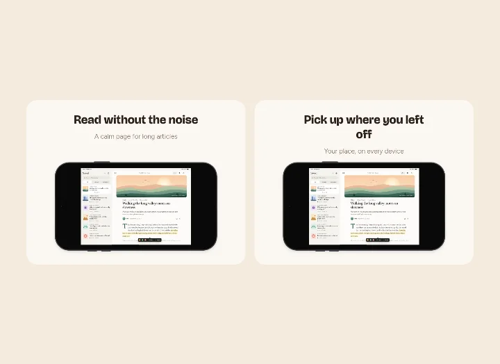 Two landscape iPad App Store slides for a reading app on a paper background