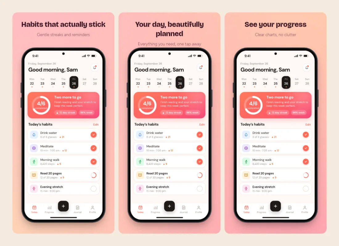Three App Store slides for a habit tracker in the Sherbet style, each with a headline above the same phone screenshot in a drawn phone frame