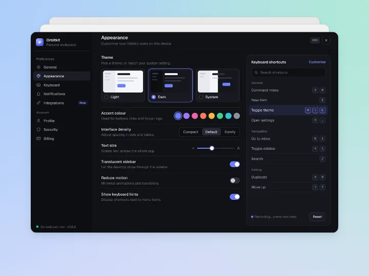 A dark settings screen in the same stacked style on the same gradient