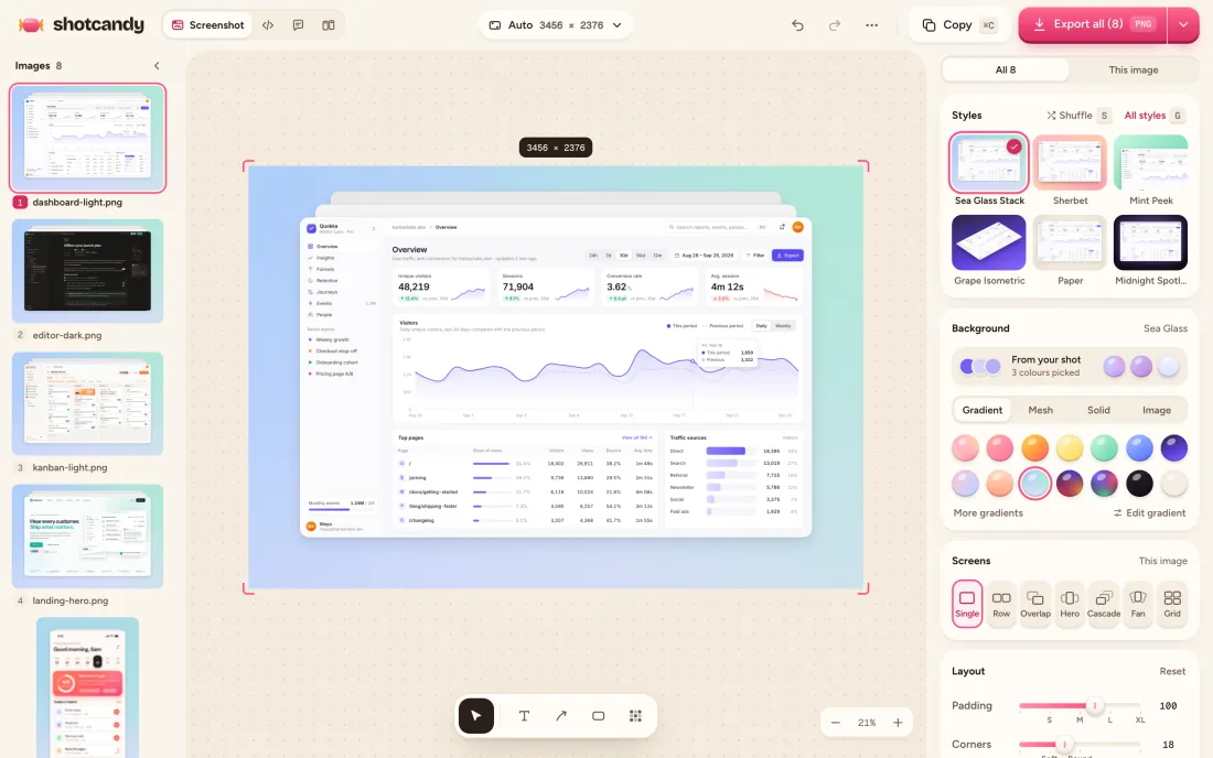 The Shotcandy editor with a column of eight screenshot thumbnails on the left and the selected one styled on a sea-green background