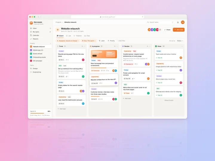 A project board in a light browser window with an address bar, on a pink gradient