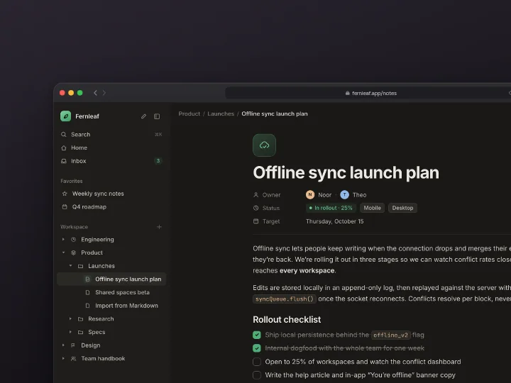 A dark notes app in a dark browser window running off the edge of a dark background