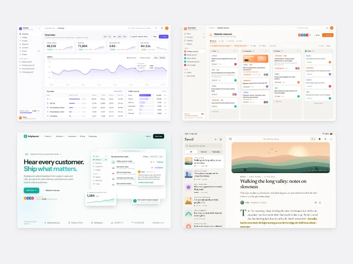 Grid layout: four to six screens in tidy rows, styled with Soft Grey